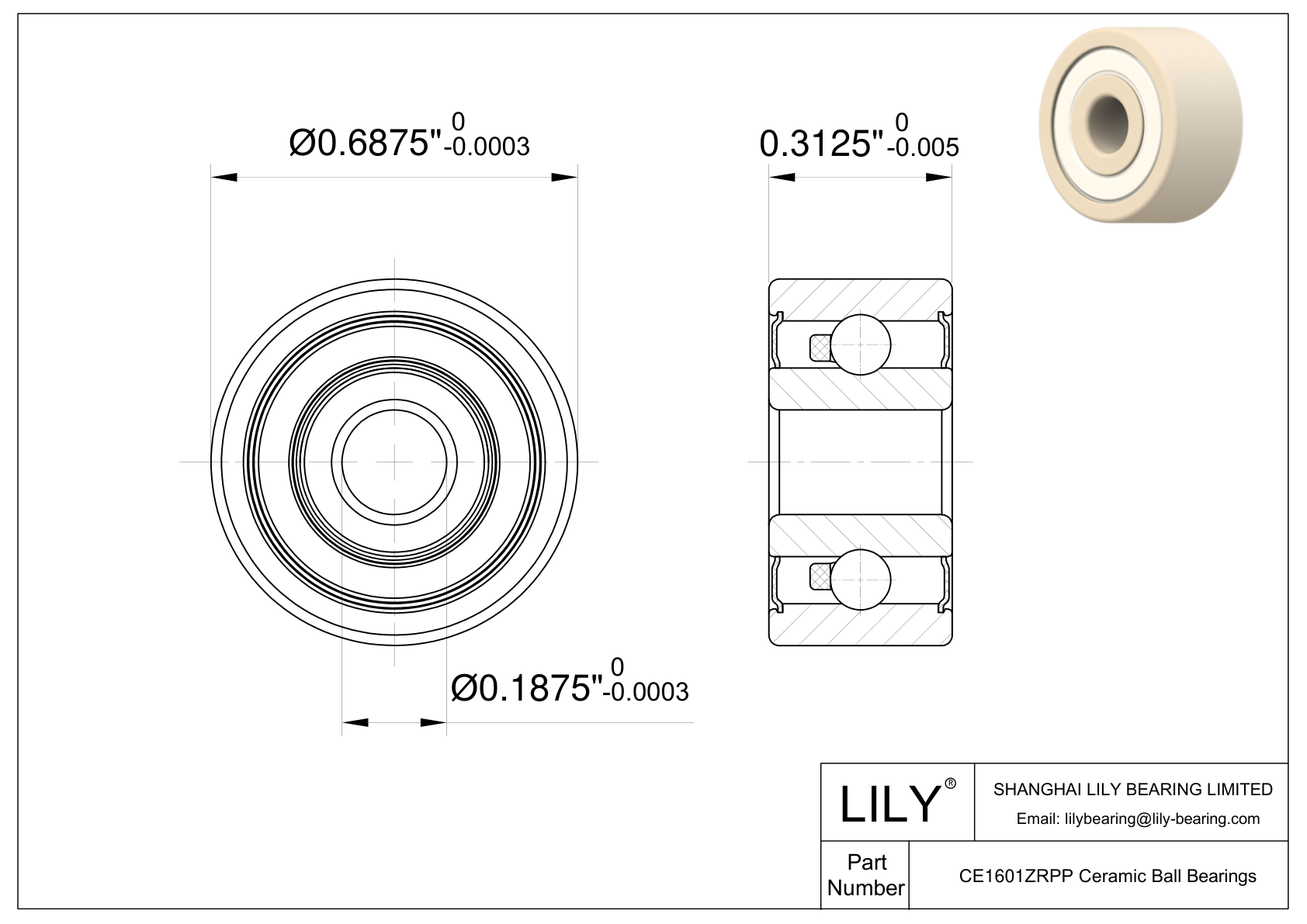 CEZR 1601 2RS Inch Size Zirconia Ceramic Bearings CAD图形