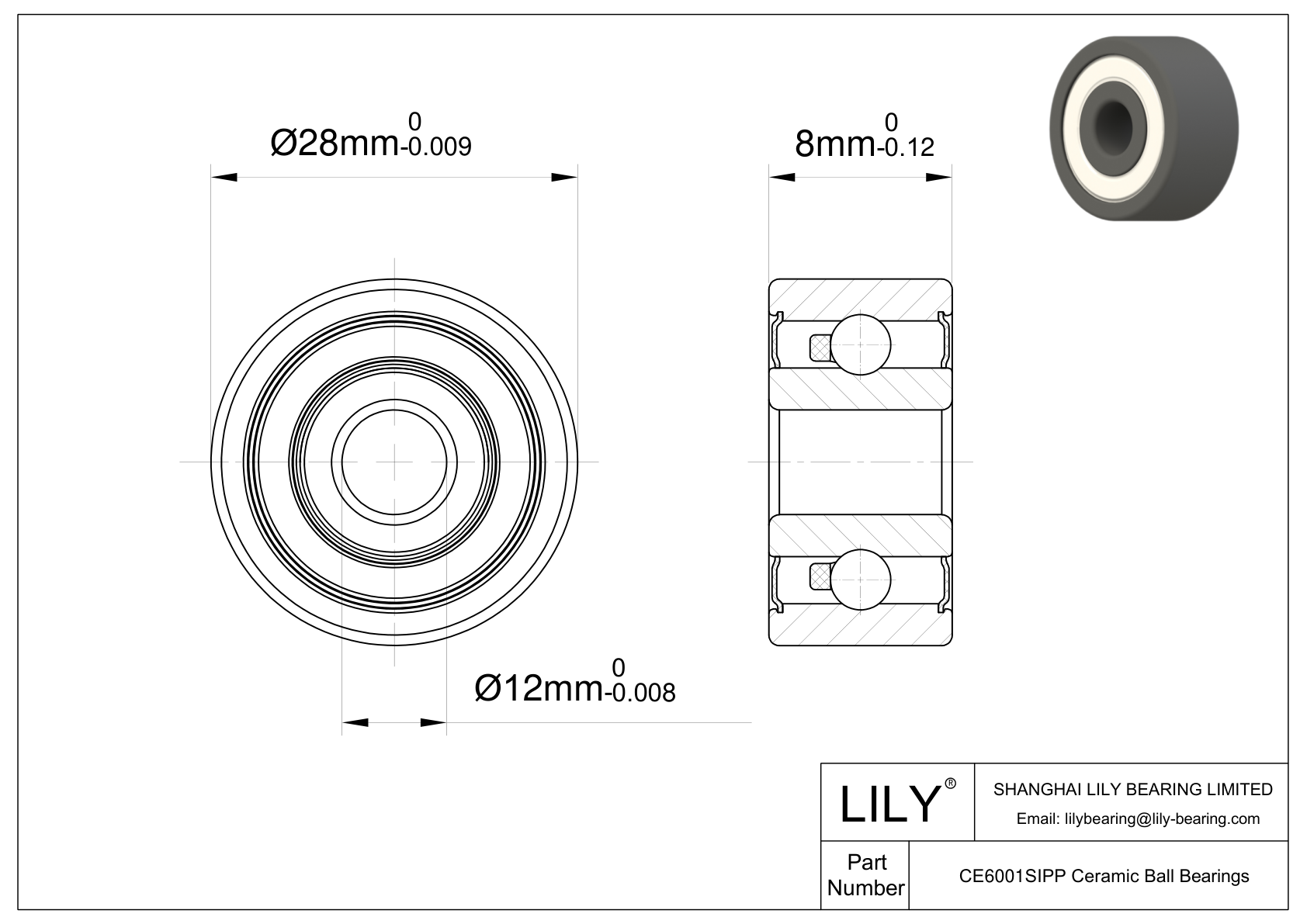 CESI 6001 2RS Metric Size Silicon Nitride Ceramic Bearings CAD图形