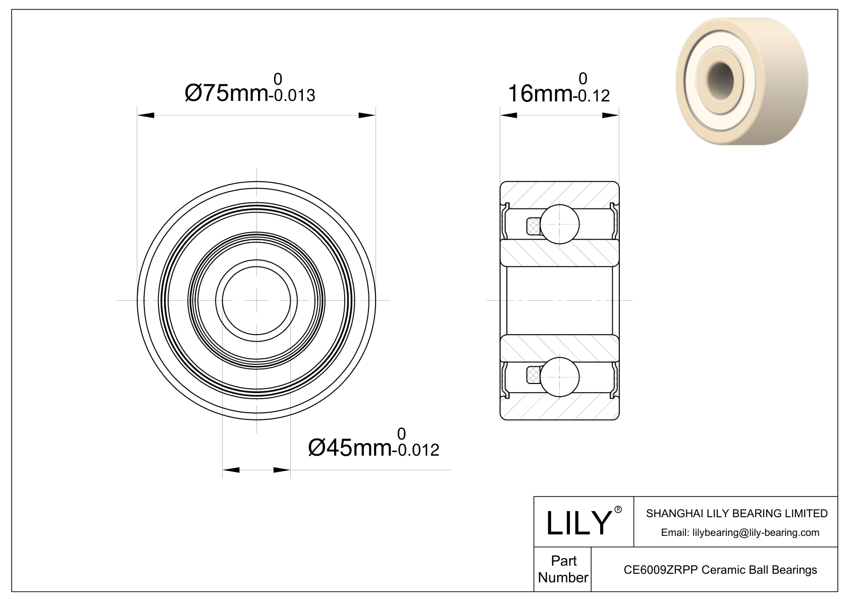 CEZR 6009 2RS Metric Size Zirconia Ceramic Bearings CAD图形