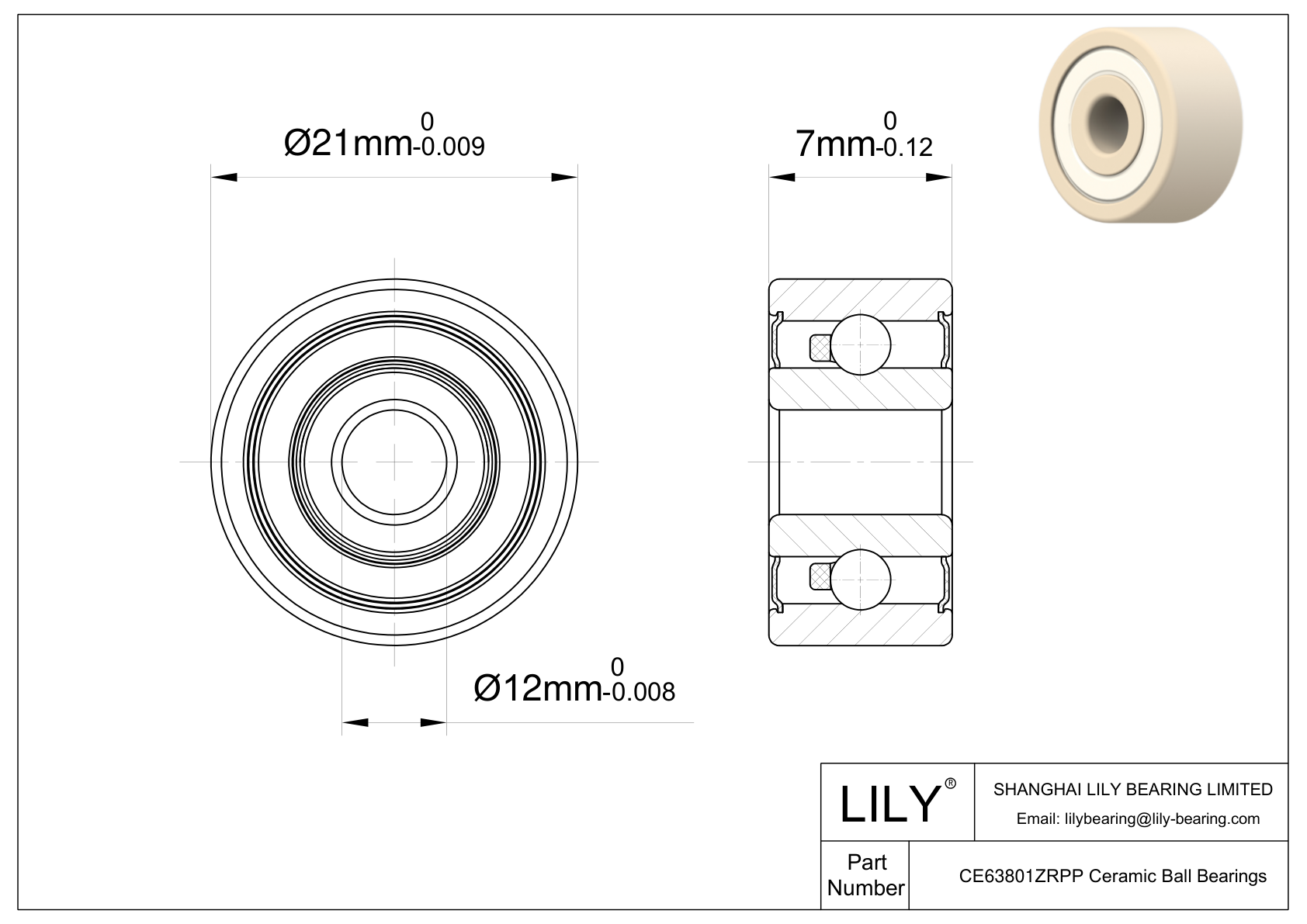 CEZR 63801 2RS Metric Size Zirconia Ceramic Bearings CAD图形