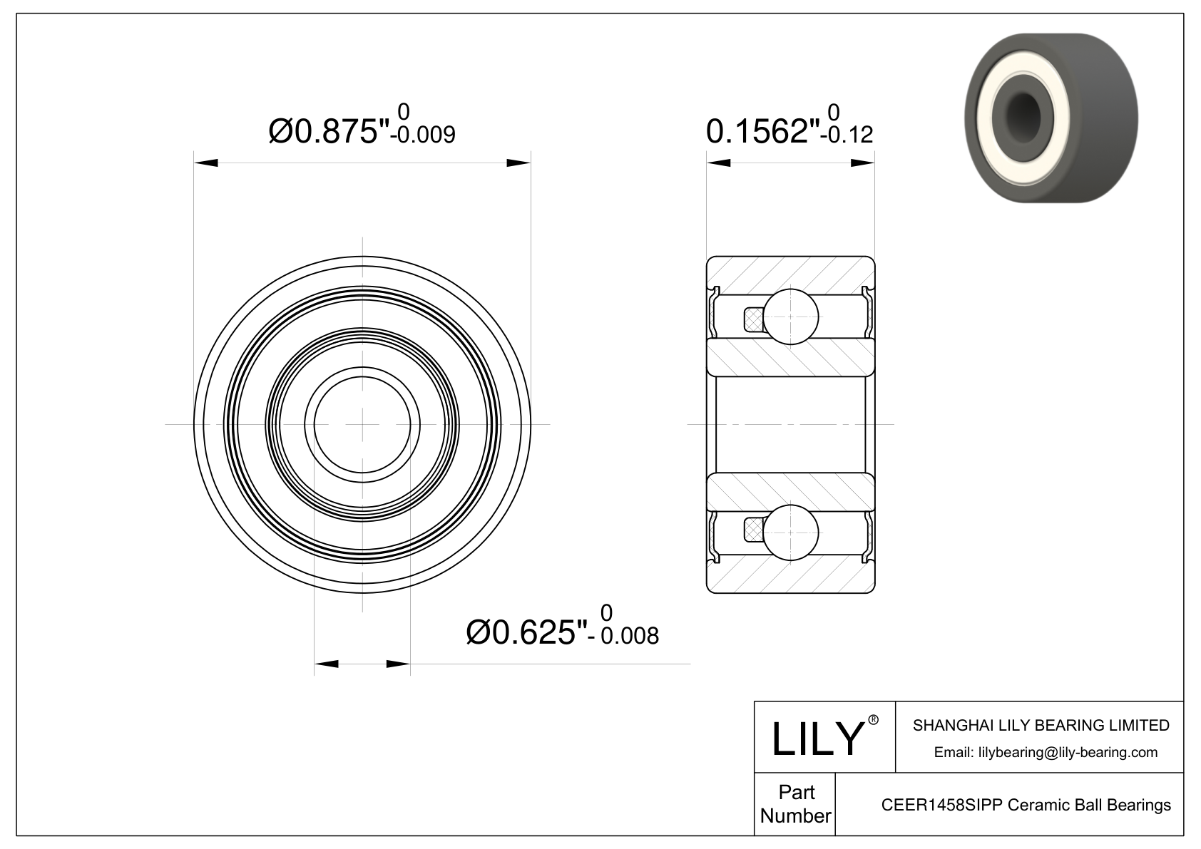 CESI ER1458 2RS Inch Size Silicon Nitride Ceramic Bearings CAD图形