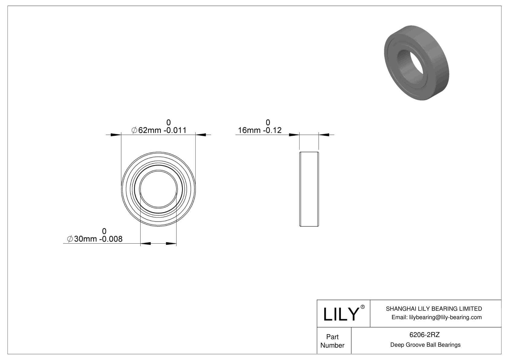 6206-2RZ 单列深沟球轴承 CAD图形