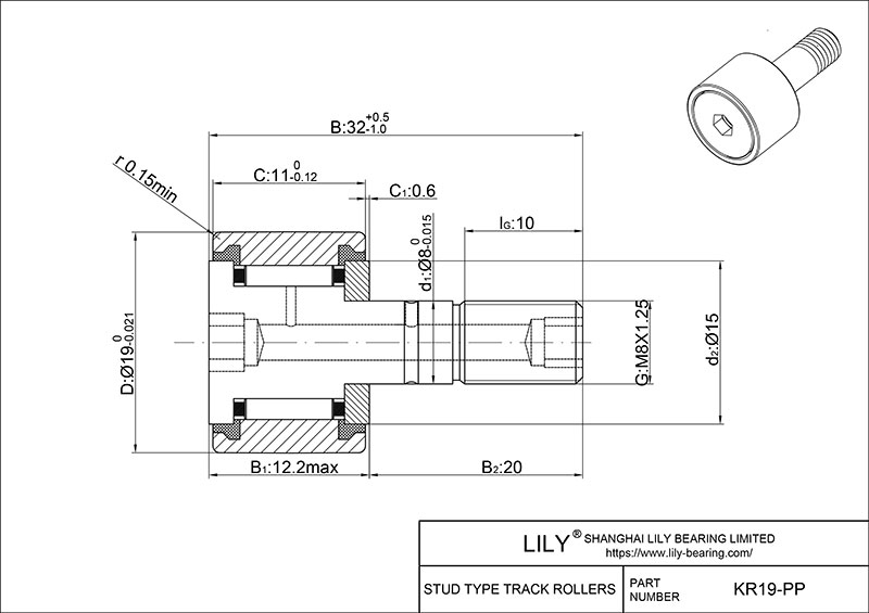 KR19-PP Stud Type Metric Cam Rollers CAD图形