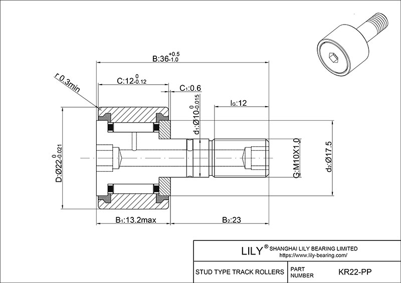 KR22-PP Stud Type Metric Cam Rollers CAD图形