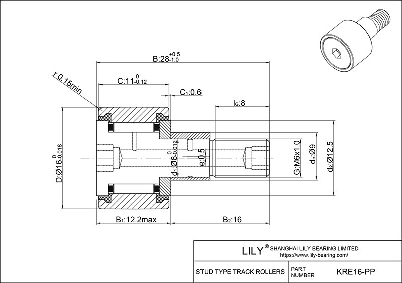 KRE16-PP Stud Type Metric Cam Rollers CAD图形