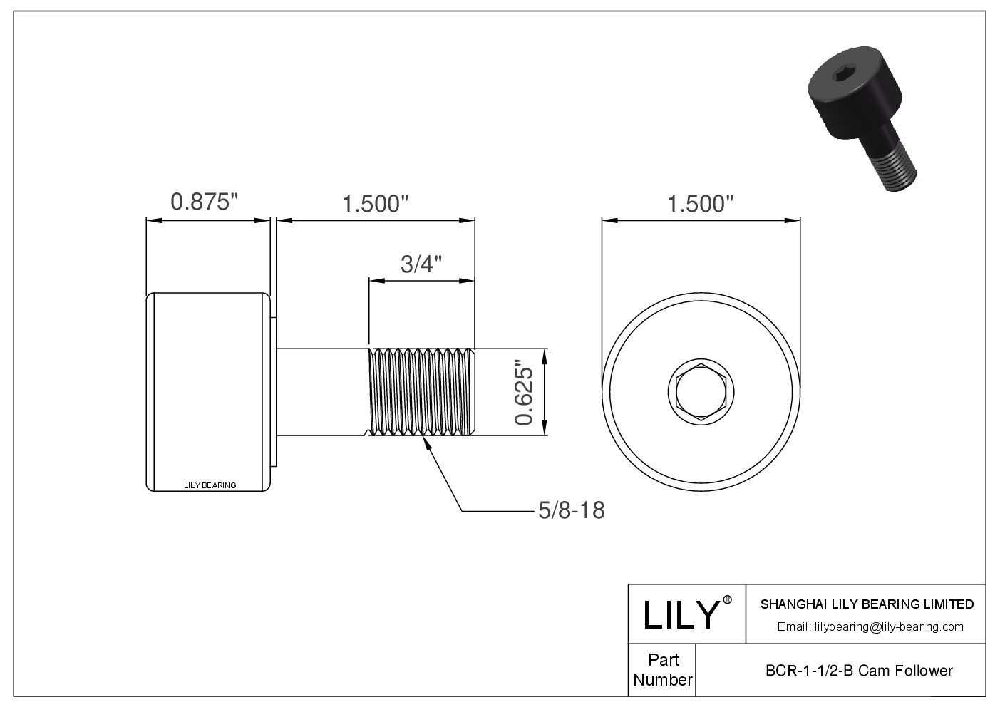 BCR-1-1/2-B 螺柱式英制凸轮从动件 CAD图形
