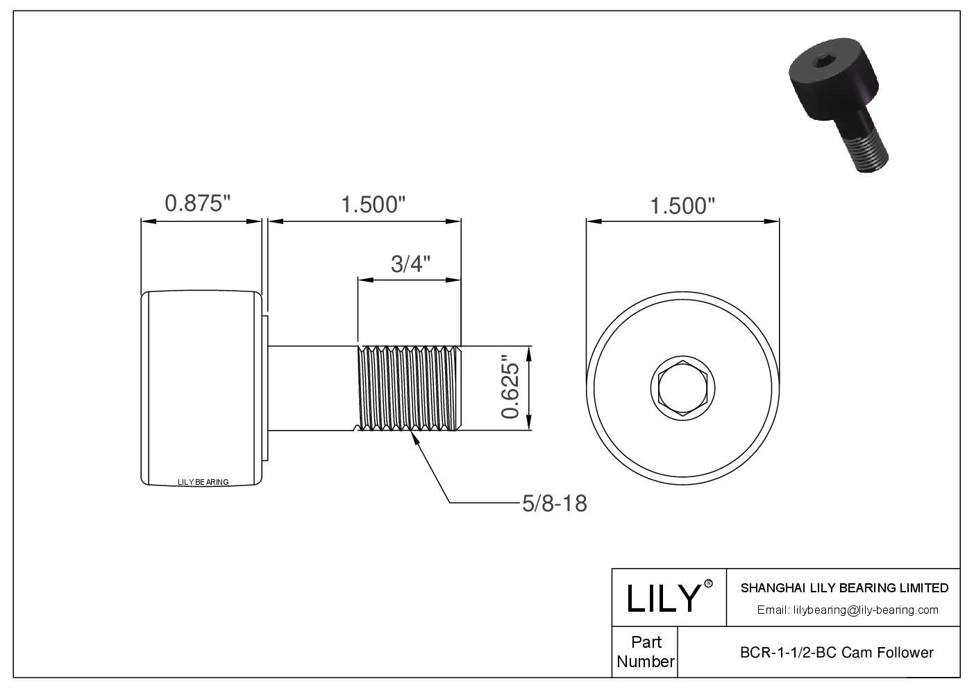 BCR-1-1/2-BC 螺柱式英制凸轮从动件 CAD图形