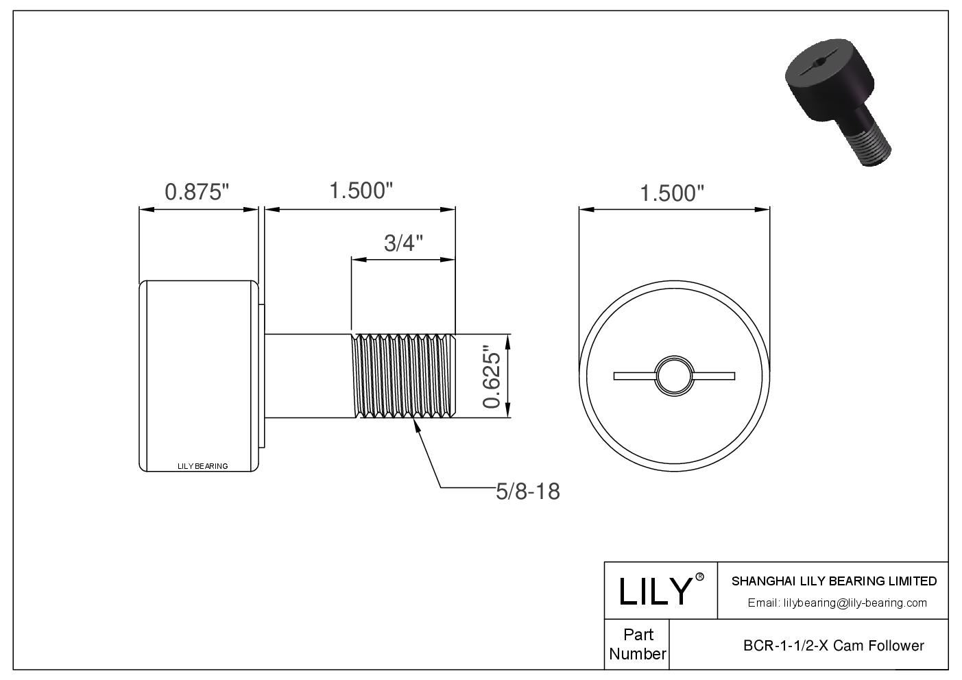 BCR-1-1/2-X 螺柱式英制凸轮从动件 CAD图形