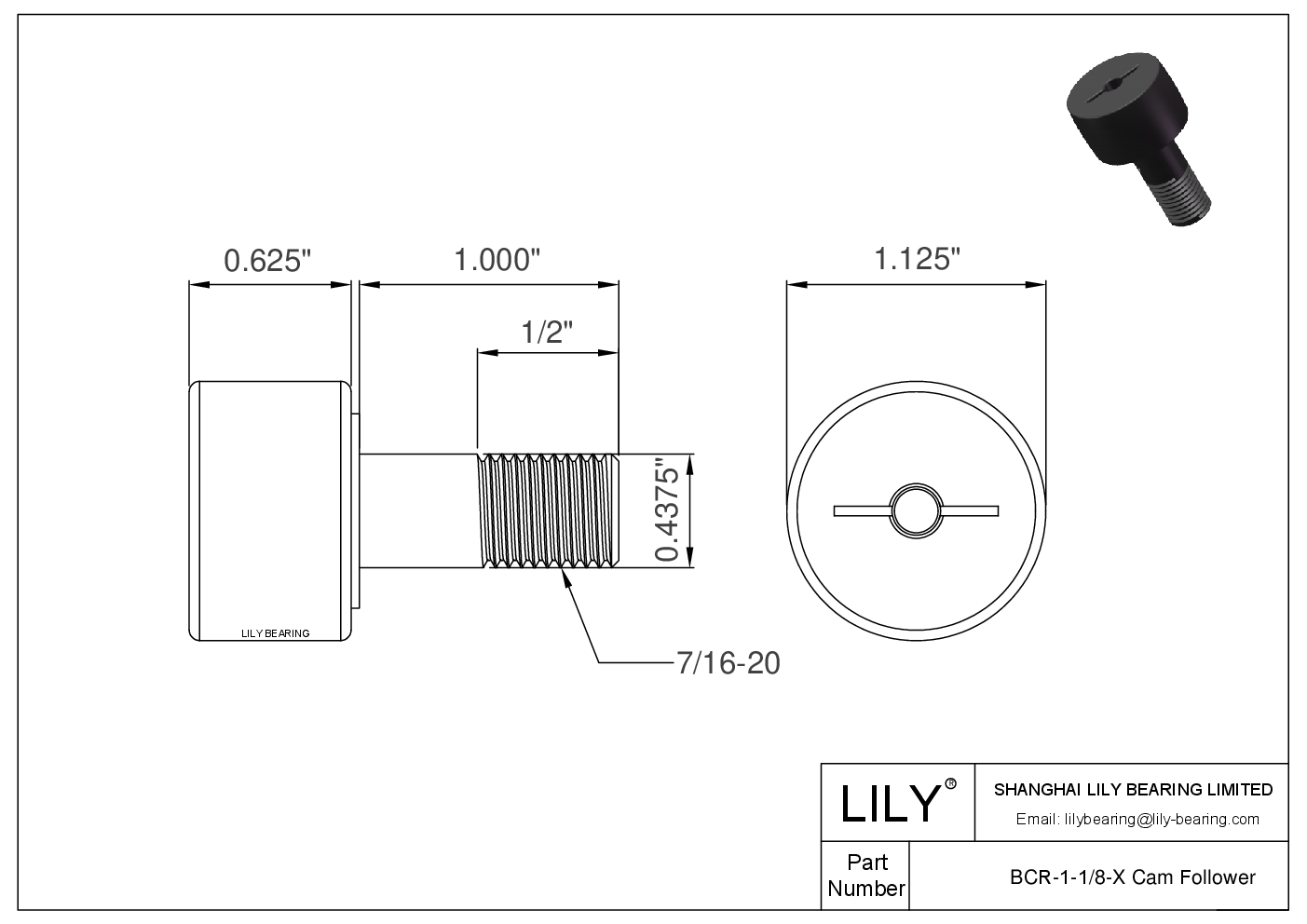 BCR-1-1/8-X 螺柱式英制凸轮从动件 CAD图形