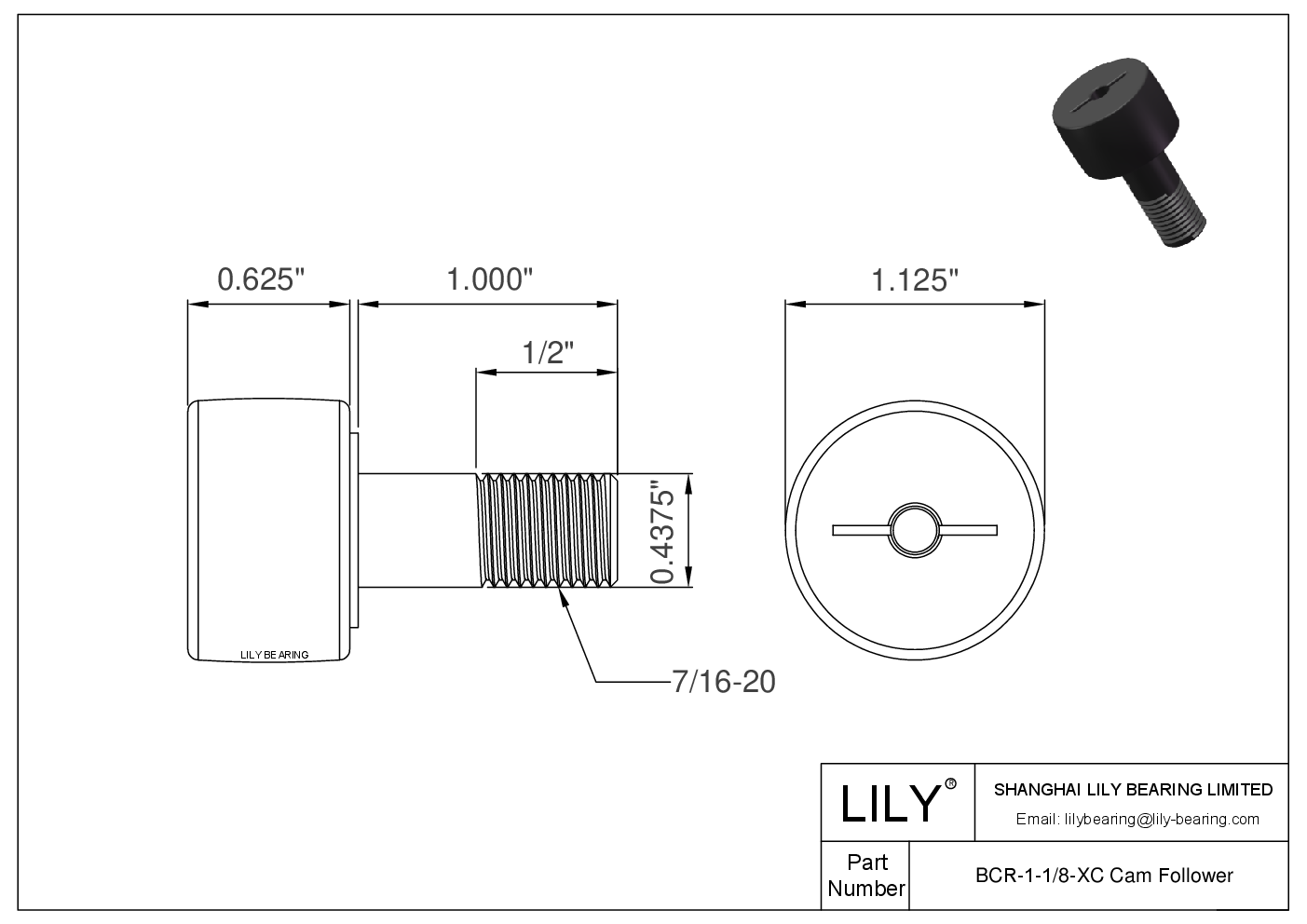 BCR-1-1/8-XC 螺柱式英制凸轮从动件 CAD图形