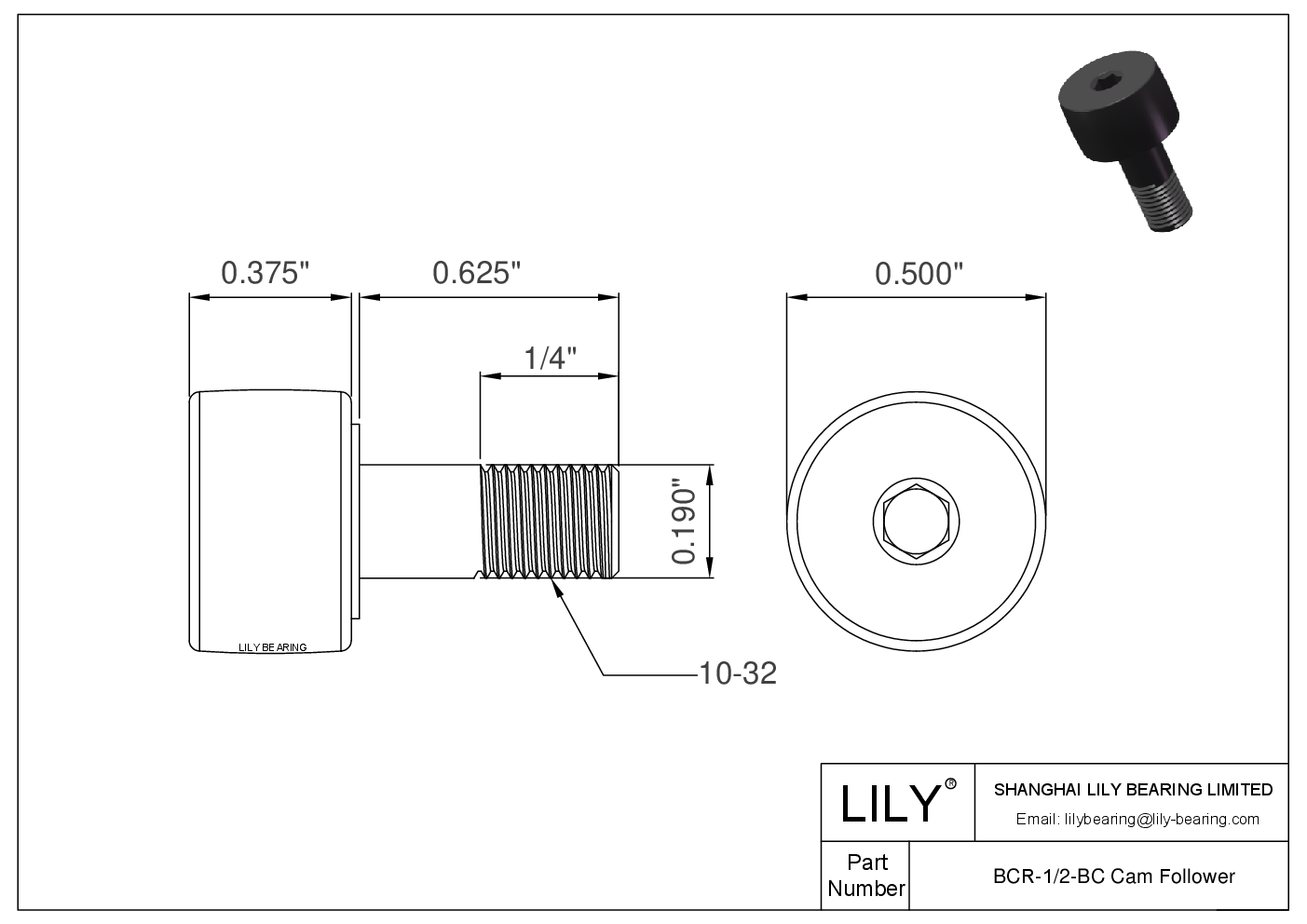 BCR-1/2-BC 螺柱式英制凸轮从动件 CAD图形