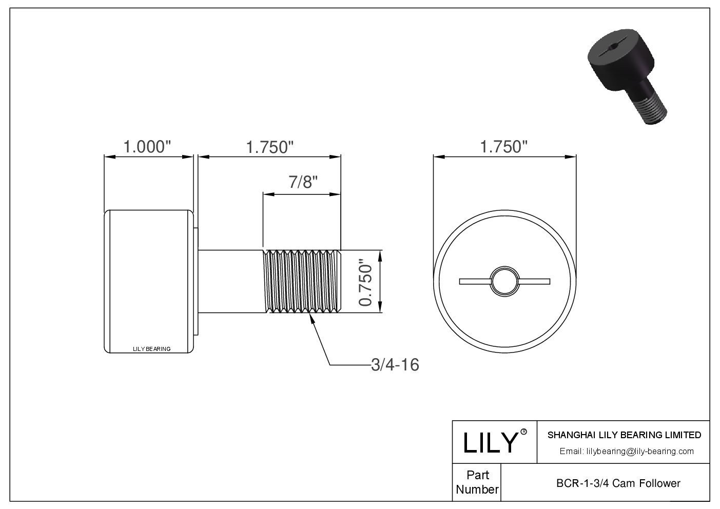BCR-1-3/4 螺柱式英制凸轮从动件 CAD图形