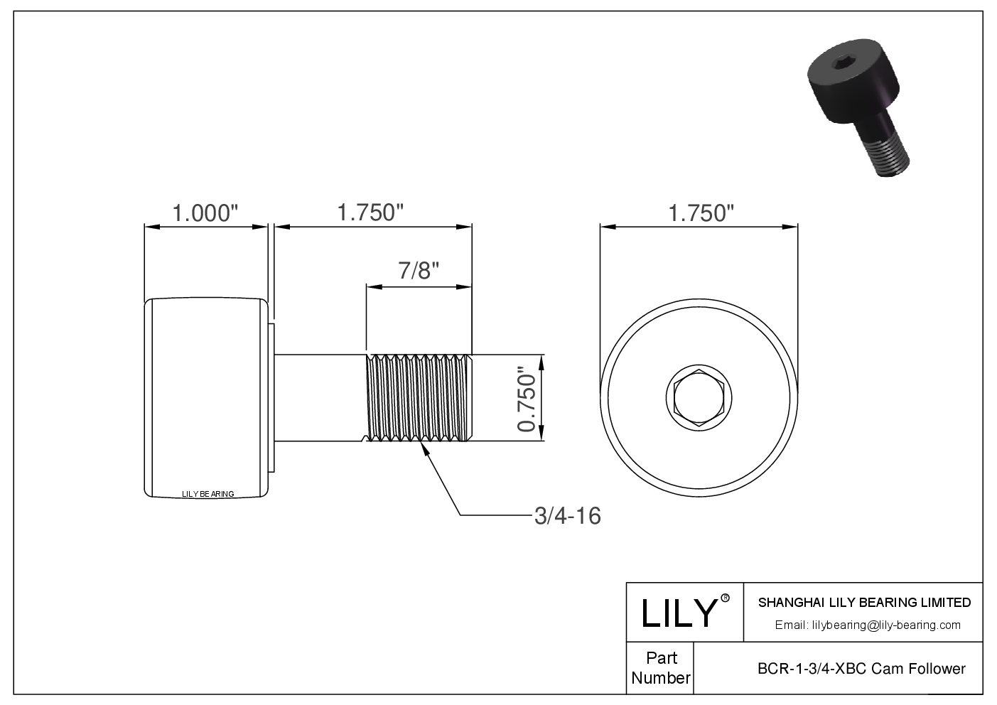 BCR-1-3/4-XBC 螺柱式英制凸轮从动件 CAD图形