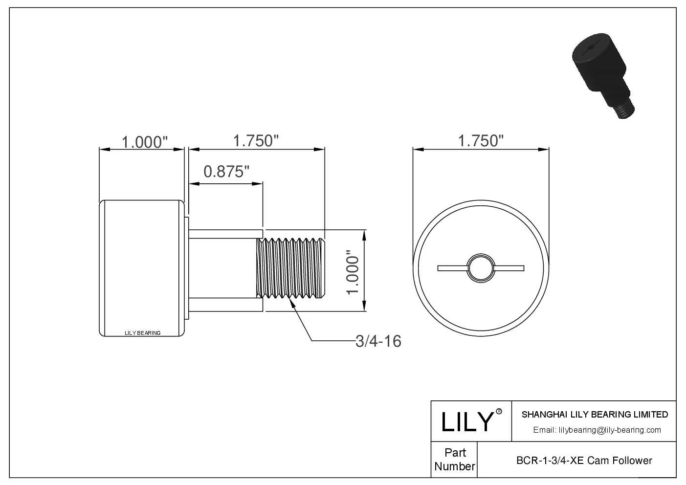 BCR-1-3/4-XE 螺柱式英制凸轮从动件 CAD图形