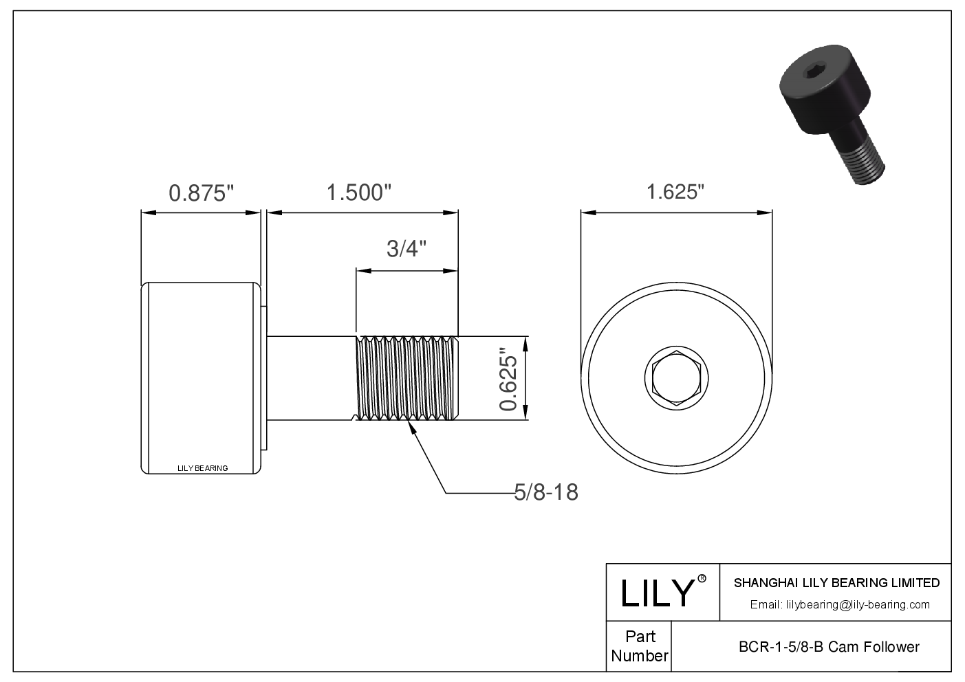 BCR-1-5/8-B 螺柱式英制凸轮从动件 CAD图形
