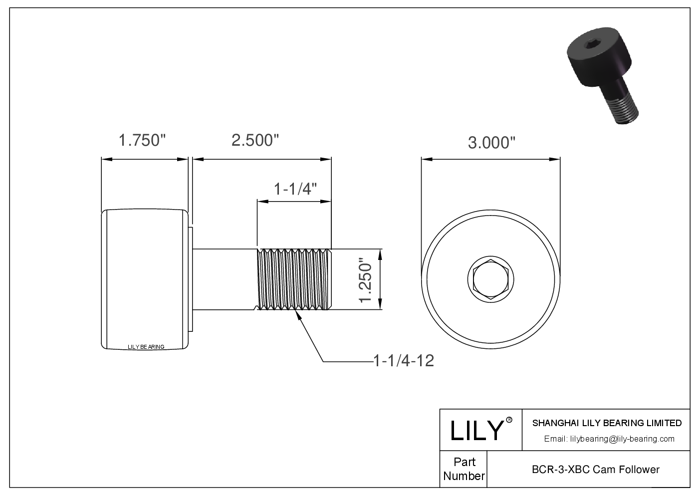 BCR-3-XBC 螺柱式英制凸轮从动件 CAD图形