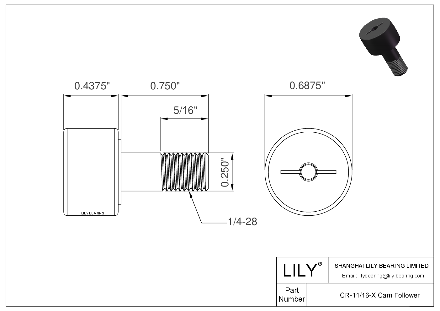 CR-11/16-X 螺柱式英制凸轮从动件 CAD图形