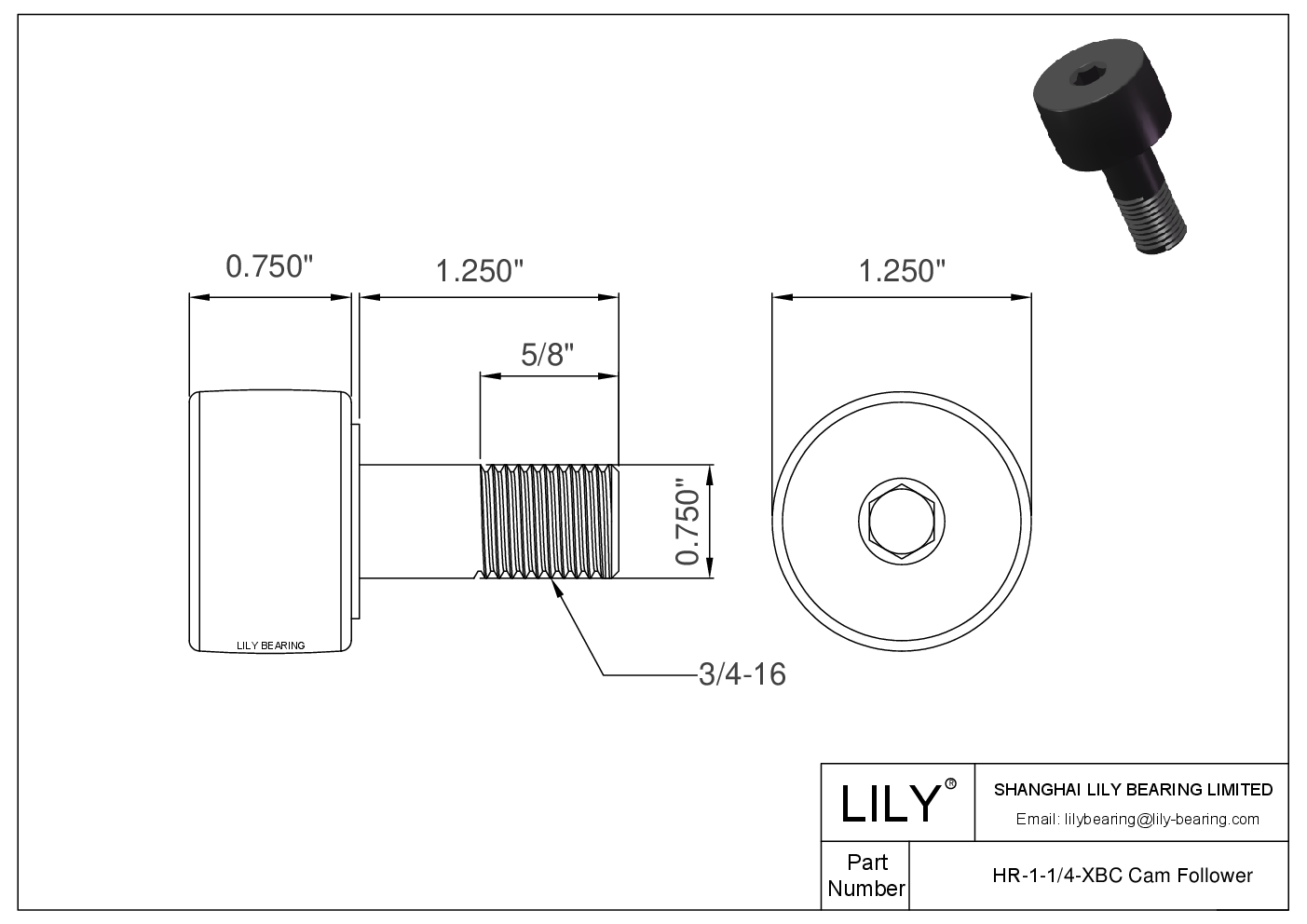 HR-1-1/4-XBC 螺柱式英制凸轮从动件 CAD图形