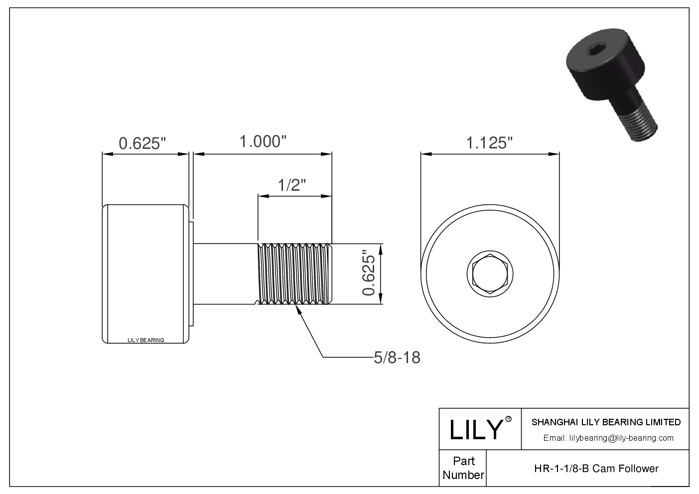 HR-1-1/8-B 螺柱式英制凸轮从动件 CAD图形
