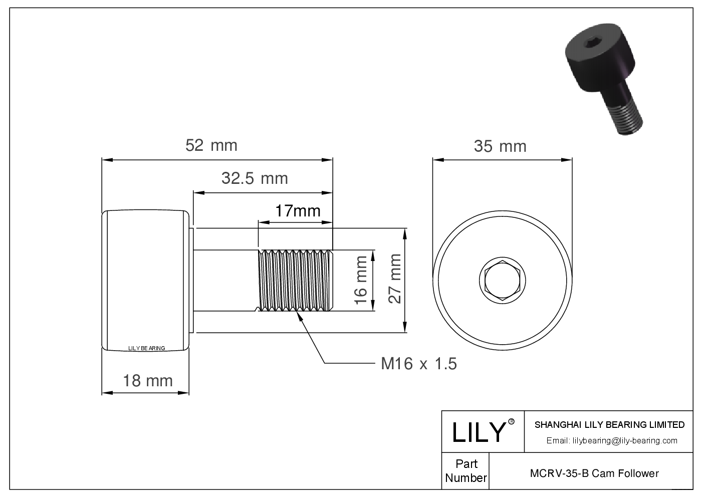 MCRV-35-B Stud Style Metric Cam Followers CAD图形