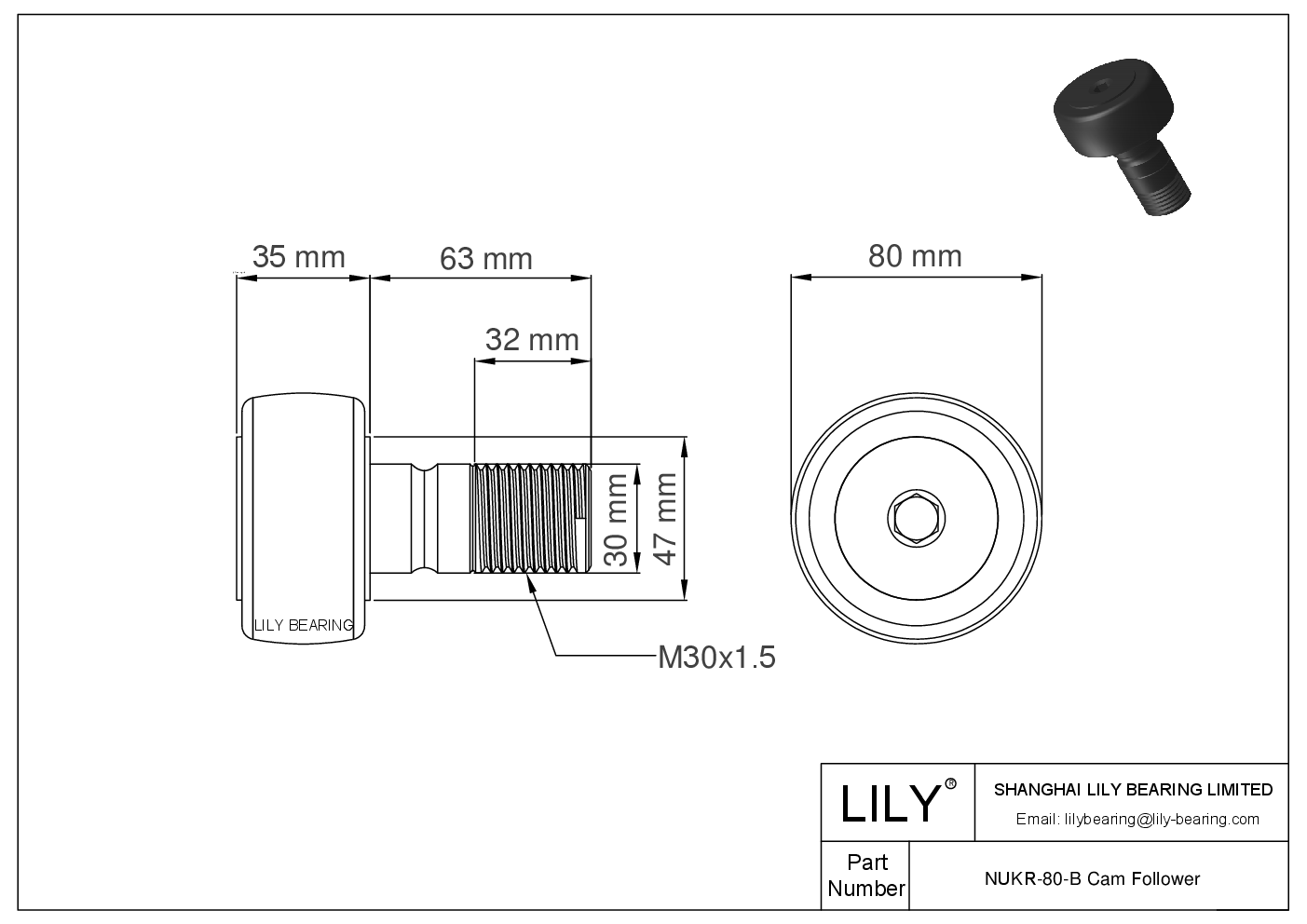 NUKR-80-B Stud Style Metric Cam Followers CAD图形