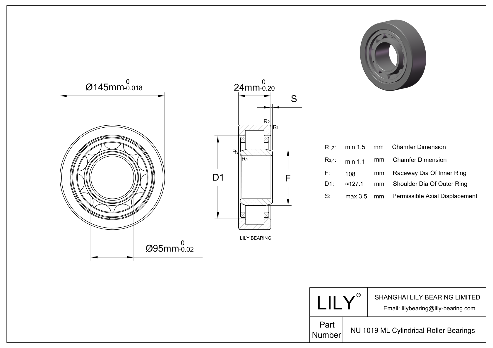 NU 1019 ML/HC5C3 Hybrid Ceramic Cylindrical Roller Bearings CAD图形