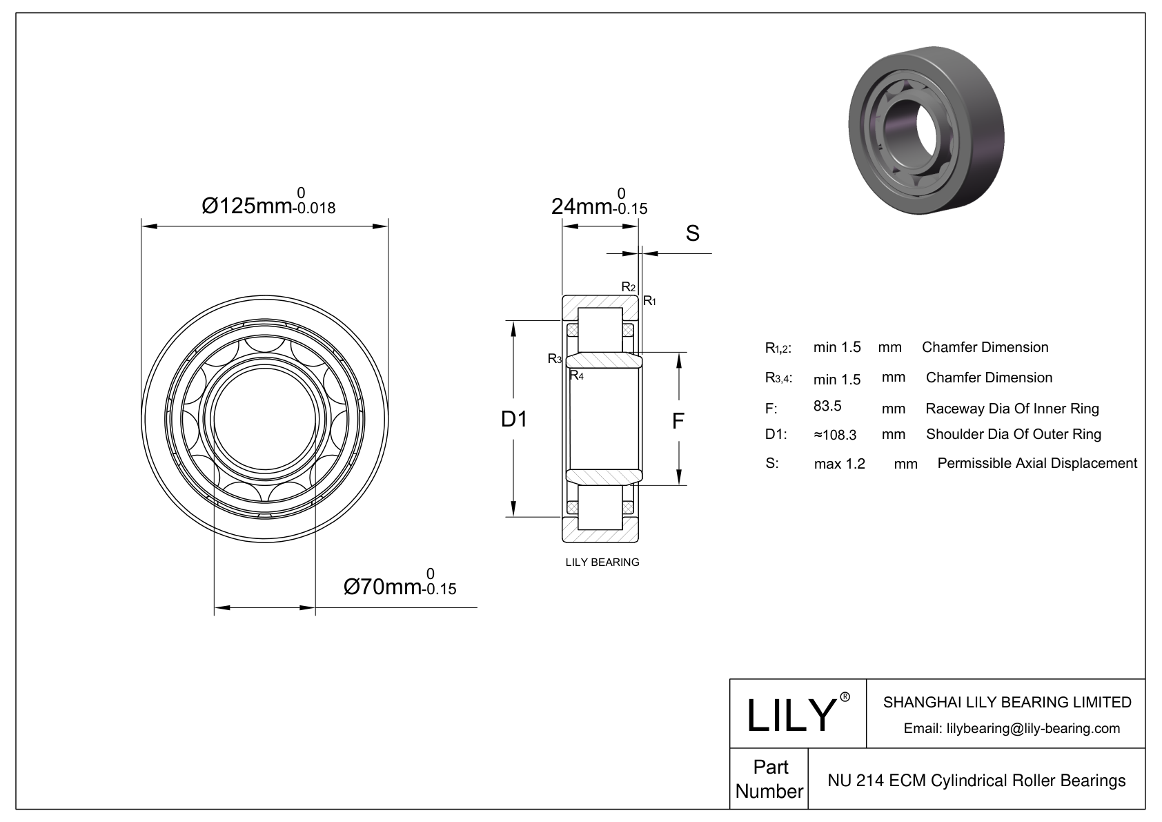 NU 214 ECM/HC5C3 Hybrid Ceramic Cylindrical Roller Bearings CAD图形
